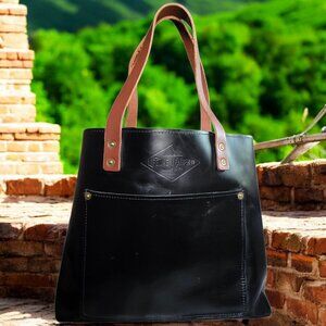 LIFETIME LEATHER Lifetime Tote Black Leather Tan Leather Handles